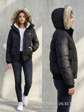 Guess Black Puffer Bomber Sherpa Faux Fur Removable Hoodie Women's Jacket Sz M
